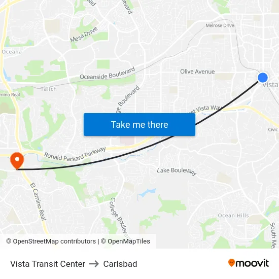 Vista Transit Center to Carlsbad map