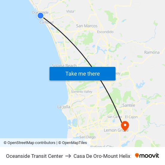 Oceanside Transit Center to Casa De Oro-Mount Helix map