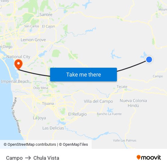 Campo to Chula Vista map
