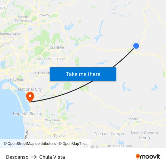 Descanso to Chula Vista map