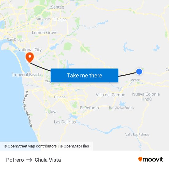 Potrero to Chula Vista map