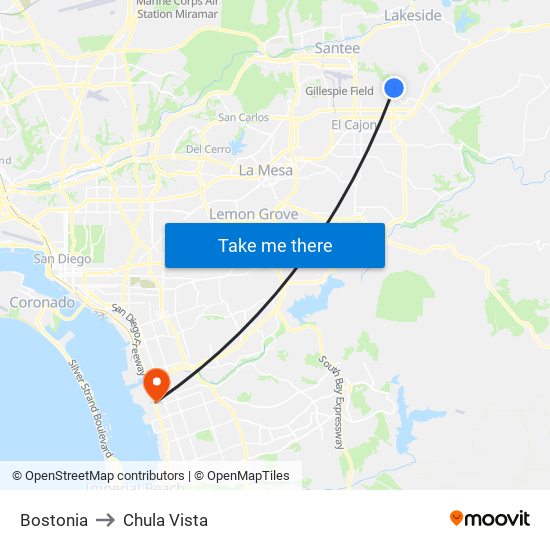 Bostonia to Chula Vista map