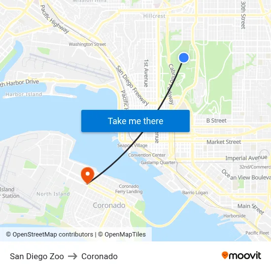 San Diego Zoo to Coronado map