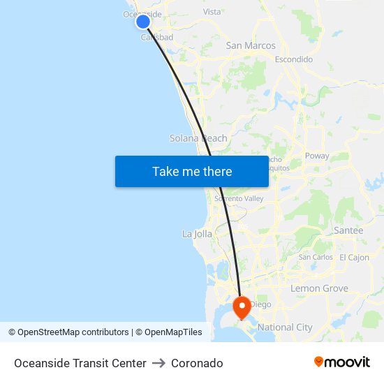 Oceanside Transit Center to Coronado map