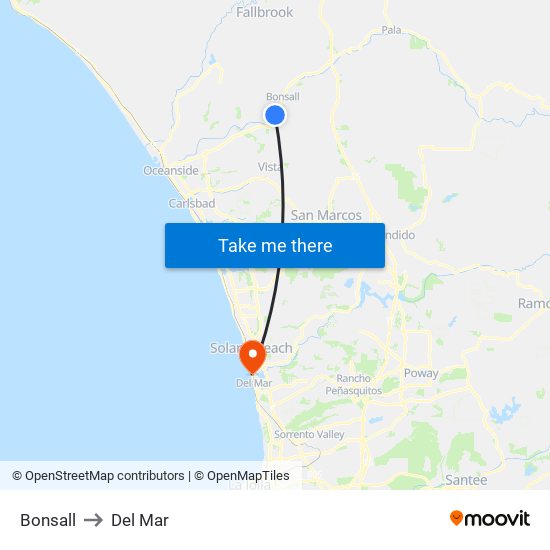 Bonsall to Del Mar map