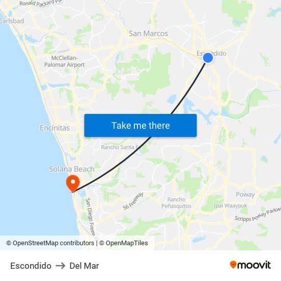Escondido to Del Mar map