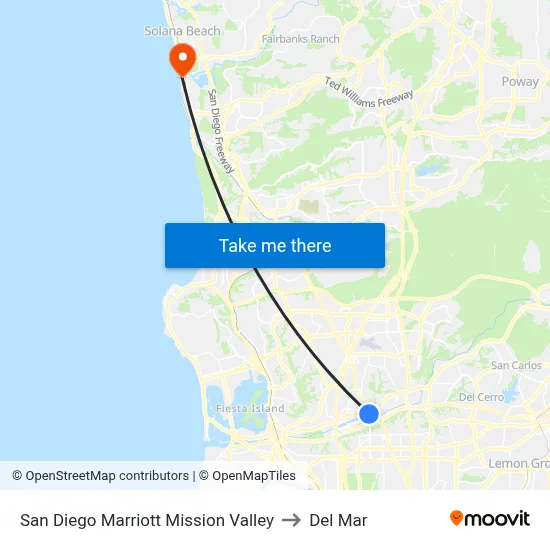 San Diego Marriott Mission Valley to Del Mar map