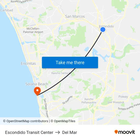 Escondido Transit Center to Del Mar map