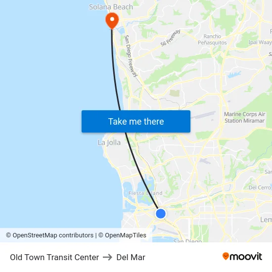 Old Town Transit Center to Del Mar map