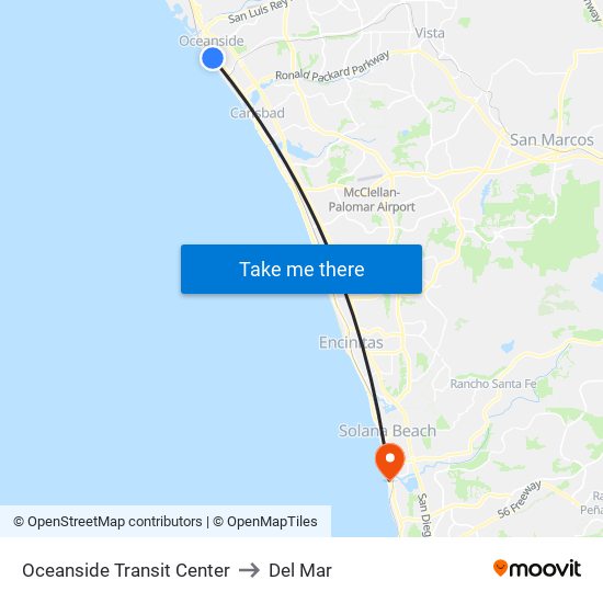 Oceanside Transit Center to Del Mar map