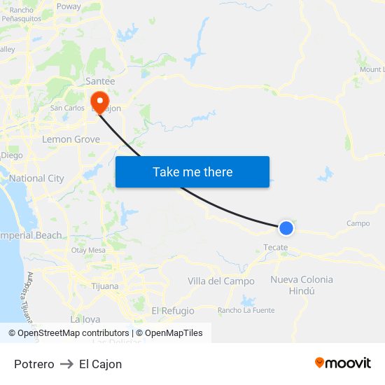 Potrero to El Cajon map