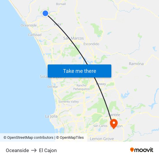 Oceanside to El Cajon map