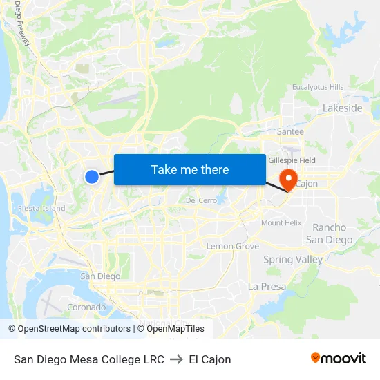 San Diego Mesa College LRC to El Cajon map