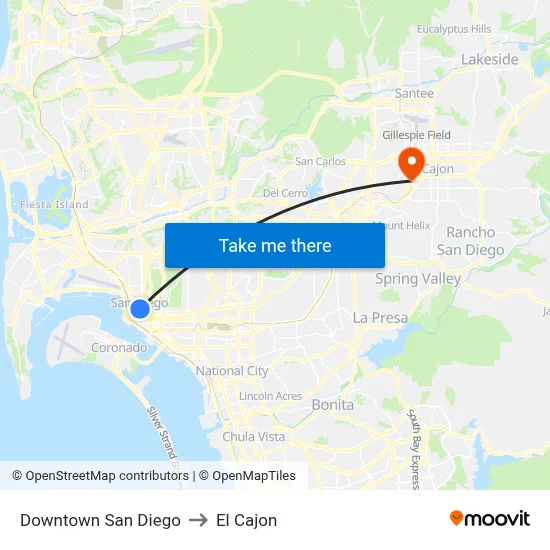 Downtown San Diego to El Cajon map