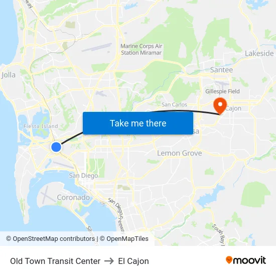 Old Town Transit Center to El Cajon map