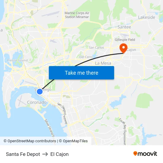 Santa Fe Depot to El Cajon map