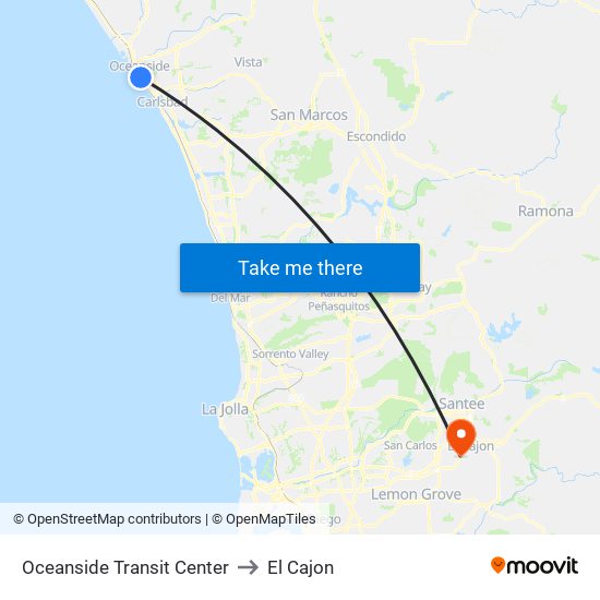 Oceanside Transit Center to El Cajon map