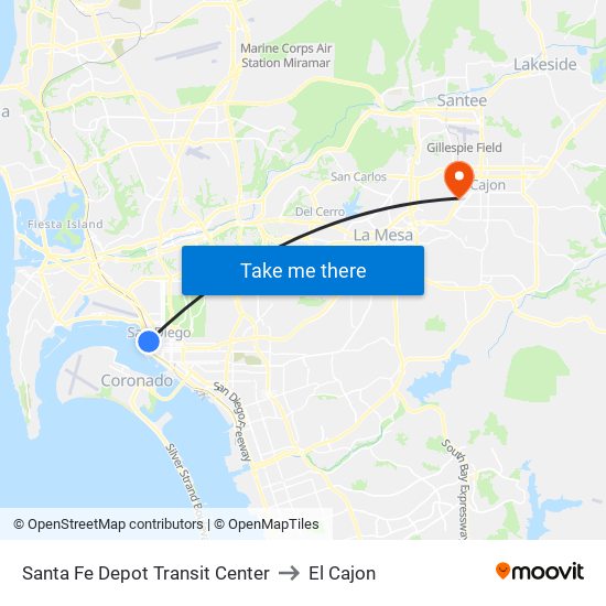 Santa Fe Depot Transit Center to El Cajon map