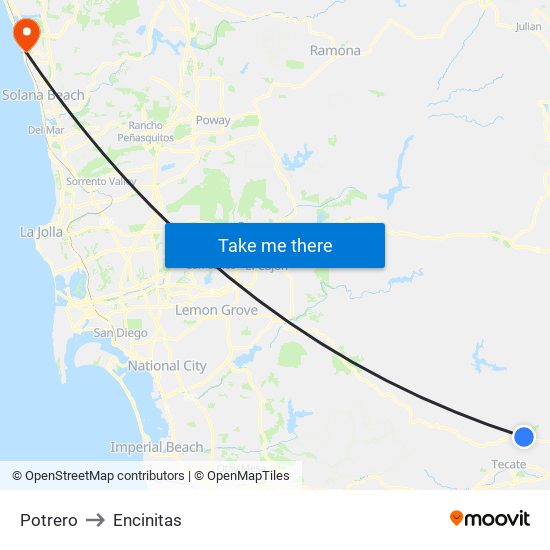 Potrero to Encinitas map