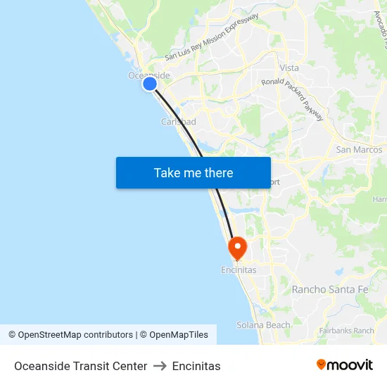 Oceanside Transit Center to Encinitas map