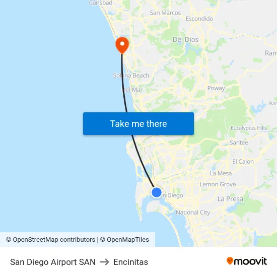 San Diego Airport SAN to Encinitas map
