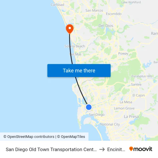 San Diego Old Town Transportation Center to Encinitas map