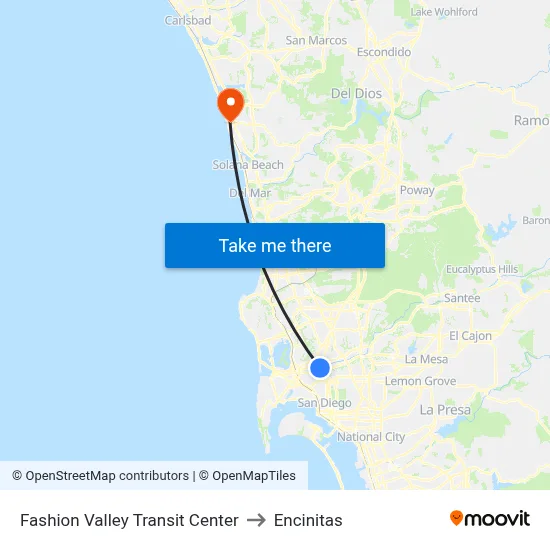 Fashion Valley Transit Center to Encinitas map