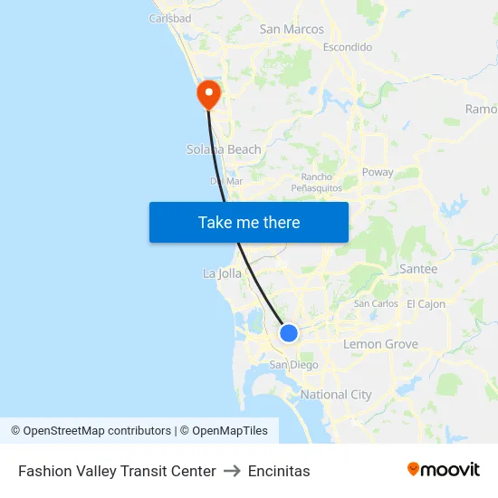 Fashion Valley Transit Center to Encinitas map