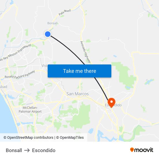 Bonsall to Escondido map