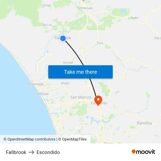 Fallbrook to Escondido map