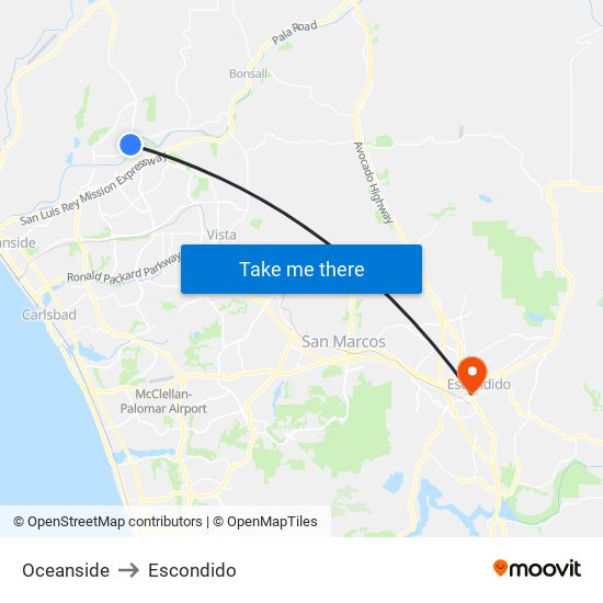 Oceanside to Escondido map