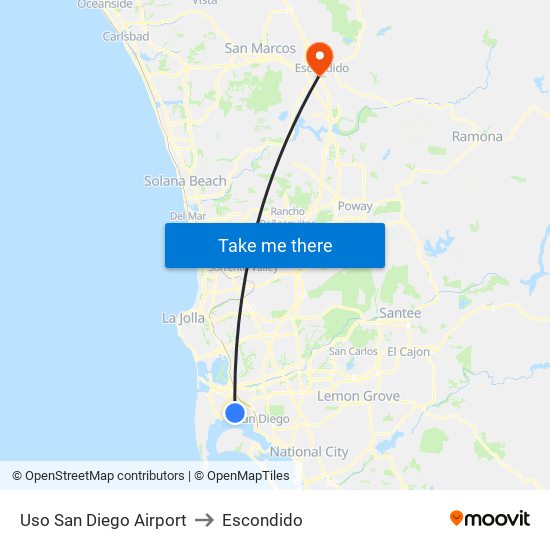 Uso San Diego Airport to Escondido map