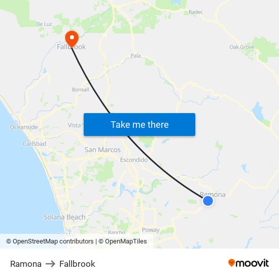 Ramona to Fallbrook map