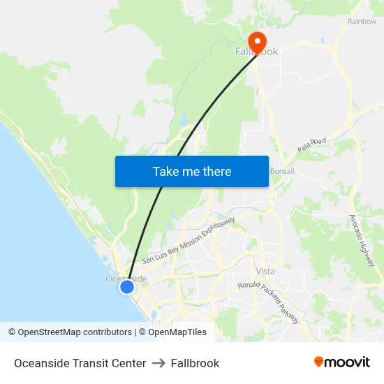 Oceanside Transit Center to Fallbrook map