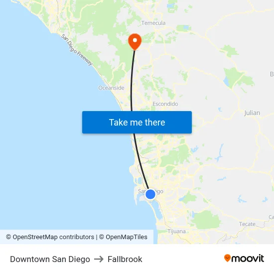 Downtown San Diego to Fallbrook map