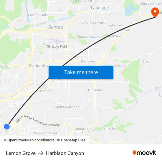 Lemon Grove to Harbison Canyon map