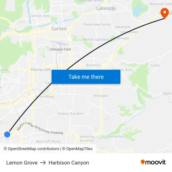 Lemon Grove to Harbison Canyon map