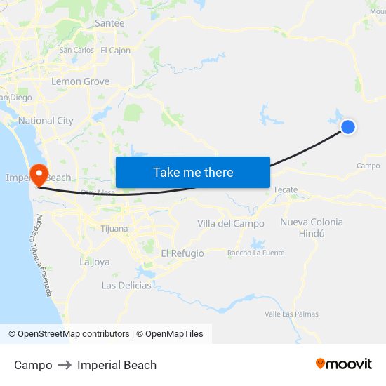 Campo to Imperial Beach map