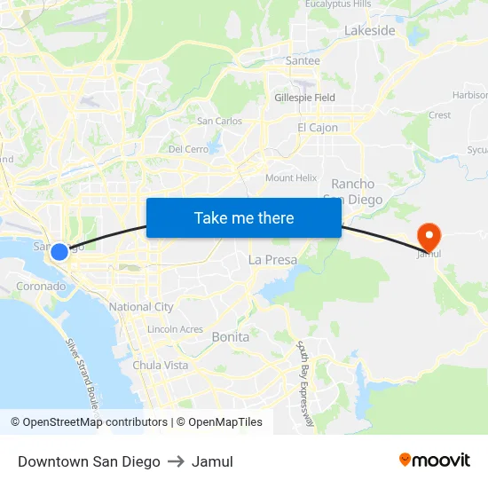 Downtown San Diego to Jamul map
