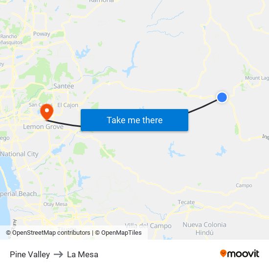 Pine Valley to La Mesa map