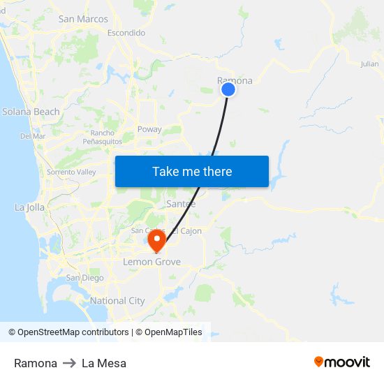 Ramona to La Mesa map