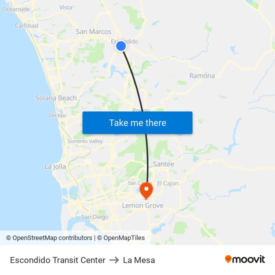 Escondido Transit Center to La Mesa map