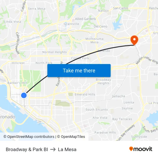 Broadway & Park Bl to La Mesa map