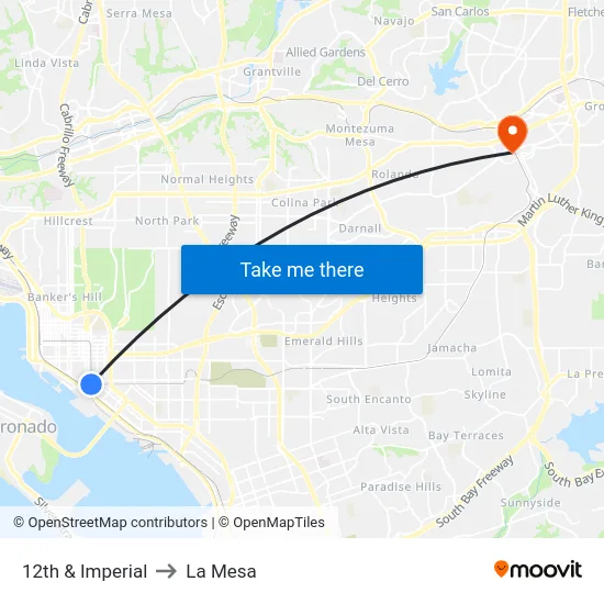 12th & Imperial to La Mesa map