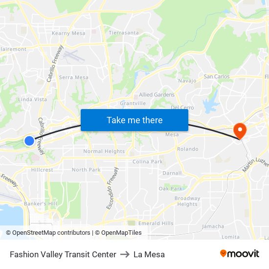 Fashion Valley Transit Center to La Mesa map