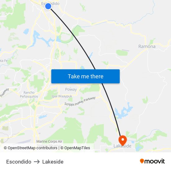 Escondido to Lakeside map