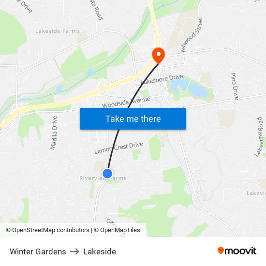 Winter Gardens to Lakeside map