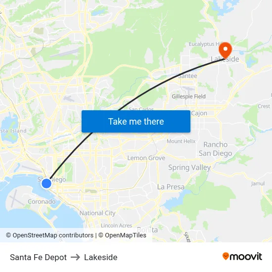 Santa Fe Depot to Lakeside map