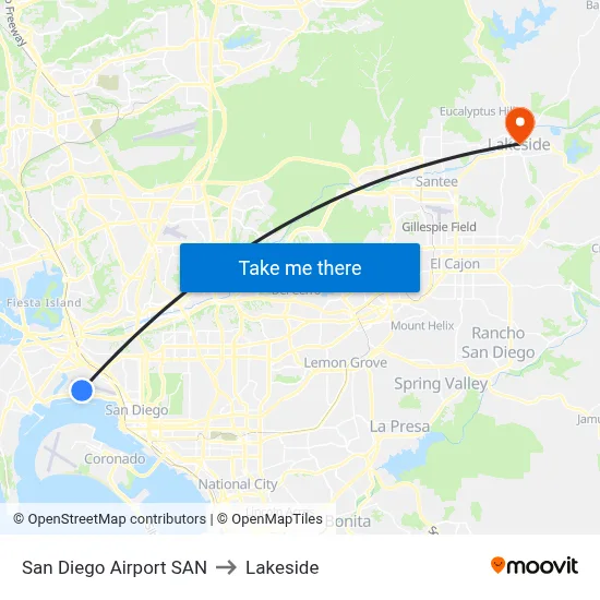 San Diego Airport SAN to Lakeside map