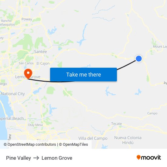 Pine Valley to Lemon Grove map